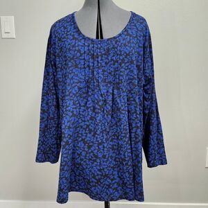 Ulla Popken Blue Black Floral 3/4 Sleeve Tunic Blouse Flowy Women's Plus 16 18.
